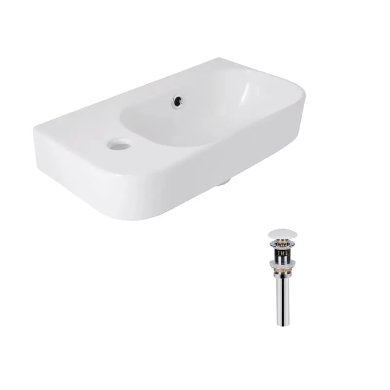 Комплект Qtap Tern: Раковина підвісна прамокутна ліва 450х250х158 мм White + Донний клапан PU02O
