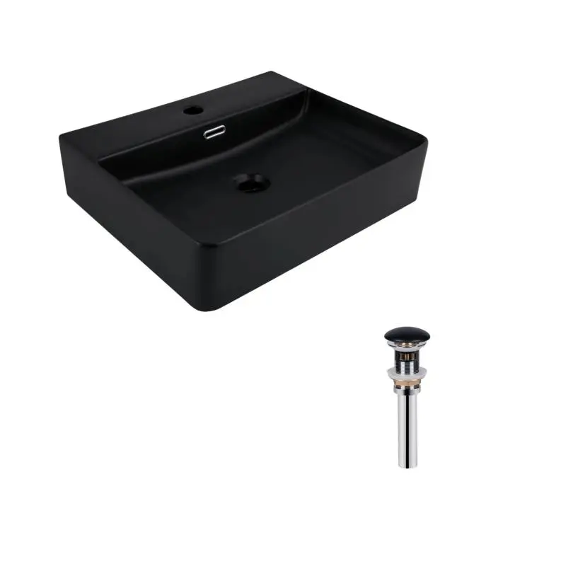 Комплект Qtap Nando LT: Раковина підвісна прамокутна 500х420х130 мм Matt Black + Донний клапан PU03O