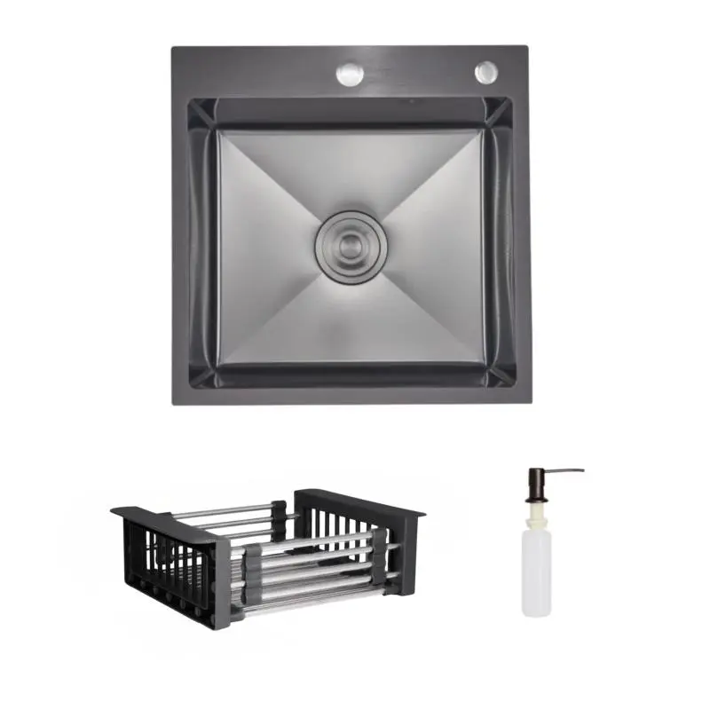 Комплект Lidz Handmade H5050HB Мийка для кухні інтегрована Decor Black PVD Honeycomb у комплекті з дозатором + Lidz LIDZK01B Корзина для кухонної мийки