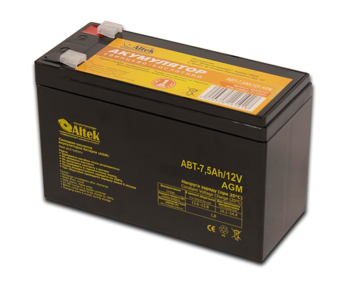 Акумуляторна батарея ALTEK ABT 7,5Ah 12V AGM, 7,5 Ач 12 В