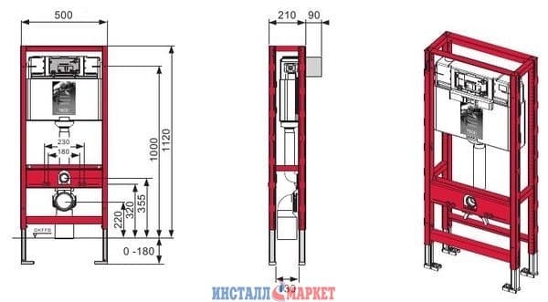 Застінний модуль (h = 1120 мм) для встановлення підвісного унітазу, фронтальне розташування панелі змиву