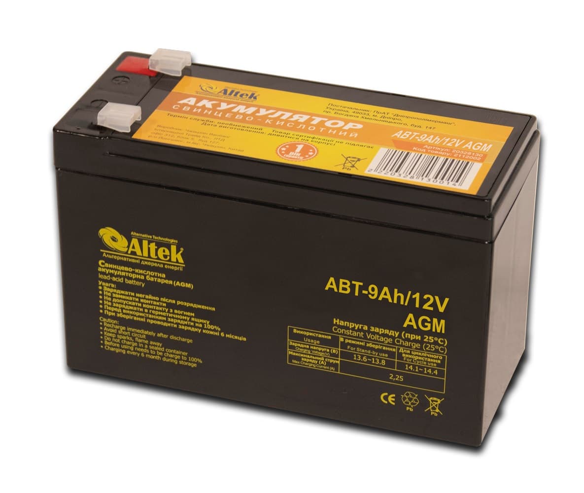 Акумуляторна батарея ALTEK ABT 9 Ah 12V AGM, 9 Ач 12 В
