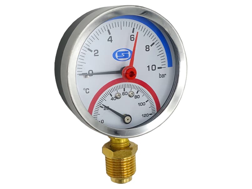 Термоманометр радиальный Ø63 с клапаном 1/2" до 120°C 1/60